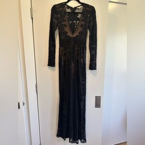 For Love & Lemons Elegant Black Lace Maxi Dress w/ Attached Body Suit